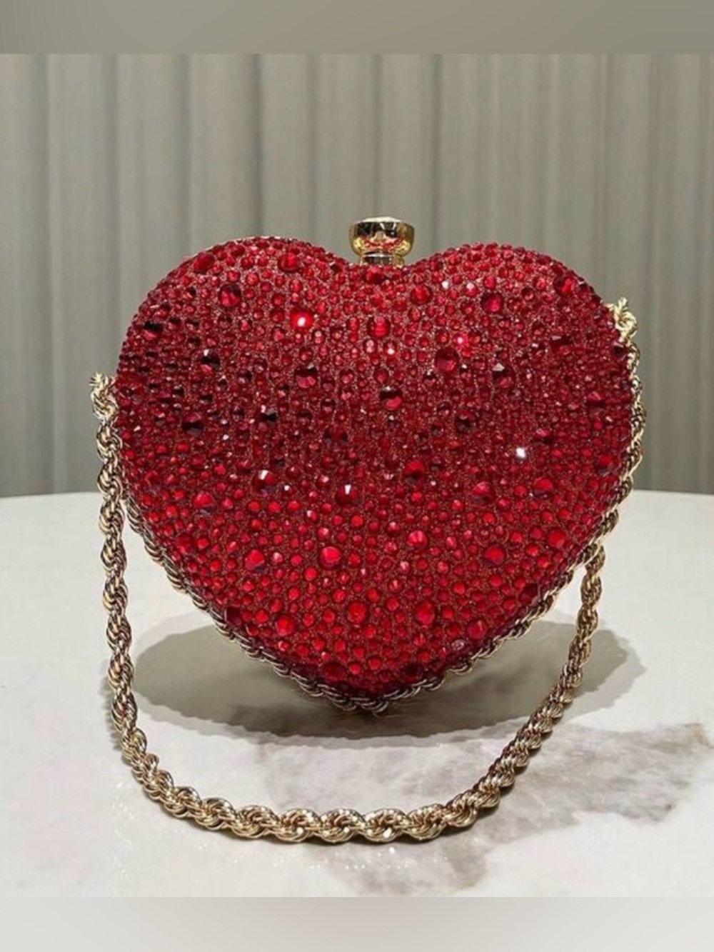 Red Crystal Heart Evening Bag with Gold Chain